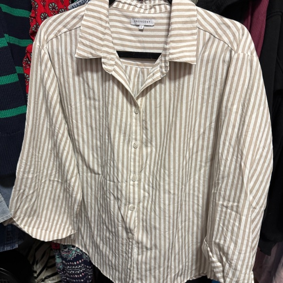 Crescent Tan/white Striped Cotton Blouse Size Large - Picture 1 of 2